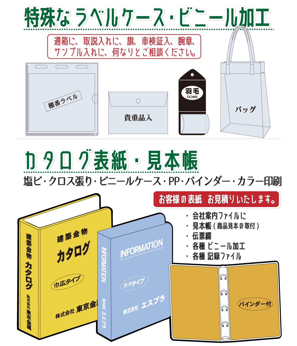 特殊なラベルケース・ビニール加工―通箱に、取説入れに、旗、車検証入、腕章、サンプル入れに、なんなりとご相談ください。